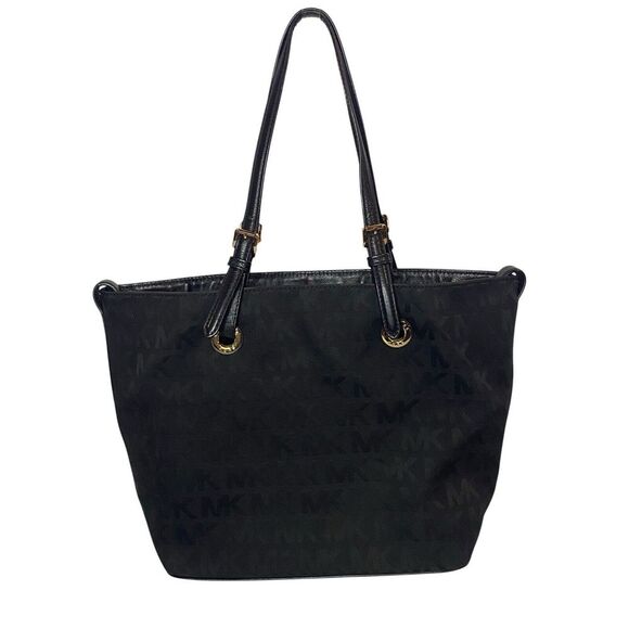 Michael Kors - Black Gold MK Logo Print Shoulder Bag / Purse / Handbag Carry All - Picture 2 of 8
